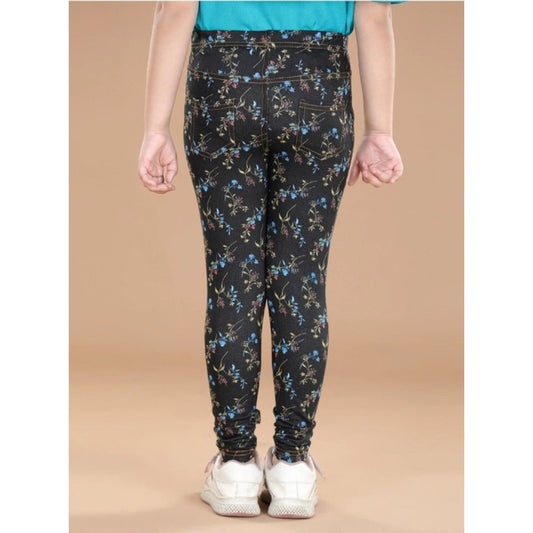 Girl's Cotton Lycra Floral Elasticated Jeggings (Multicolor)