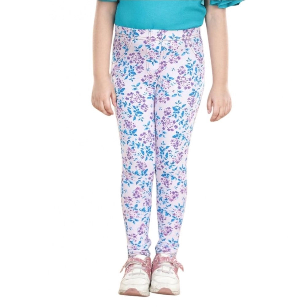 Girl'S Cotton Lycra Floral Elasticated Jeggings (White-Turquoi