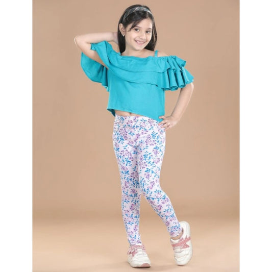 Girl'S Cotton Lycra Floral Elasticated Jeggings (White-Turquoi