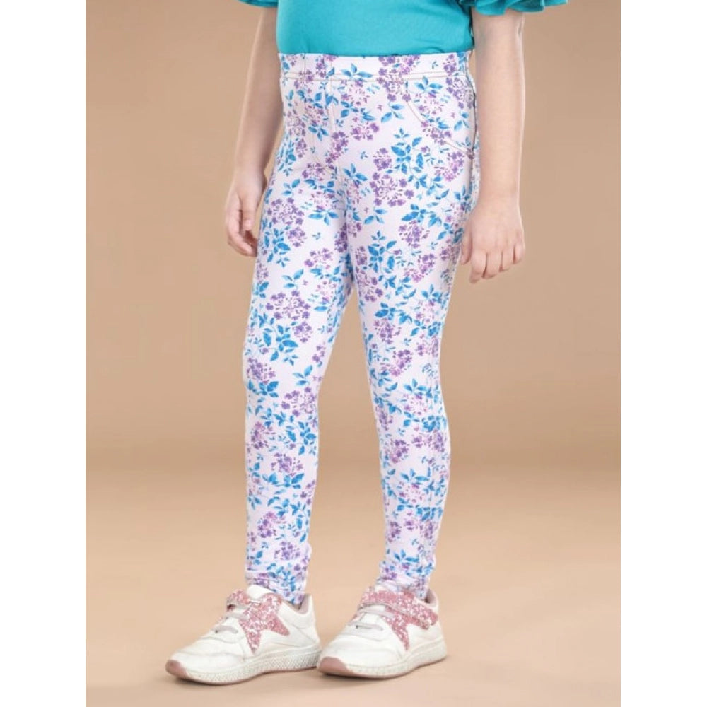 Girl'S Cotton Lycra Floral Elasticated Jeggings (White-Turquoi