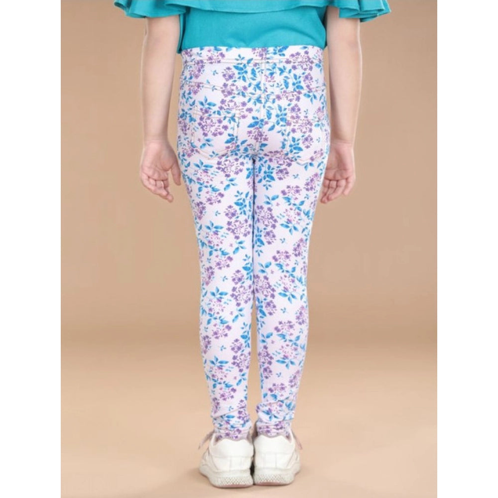 Girl'S Cotton Lycra Floral Elasticated Jeggings (White-Turquoi