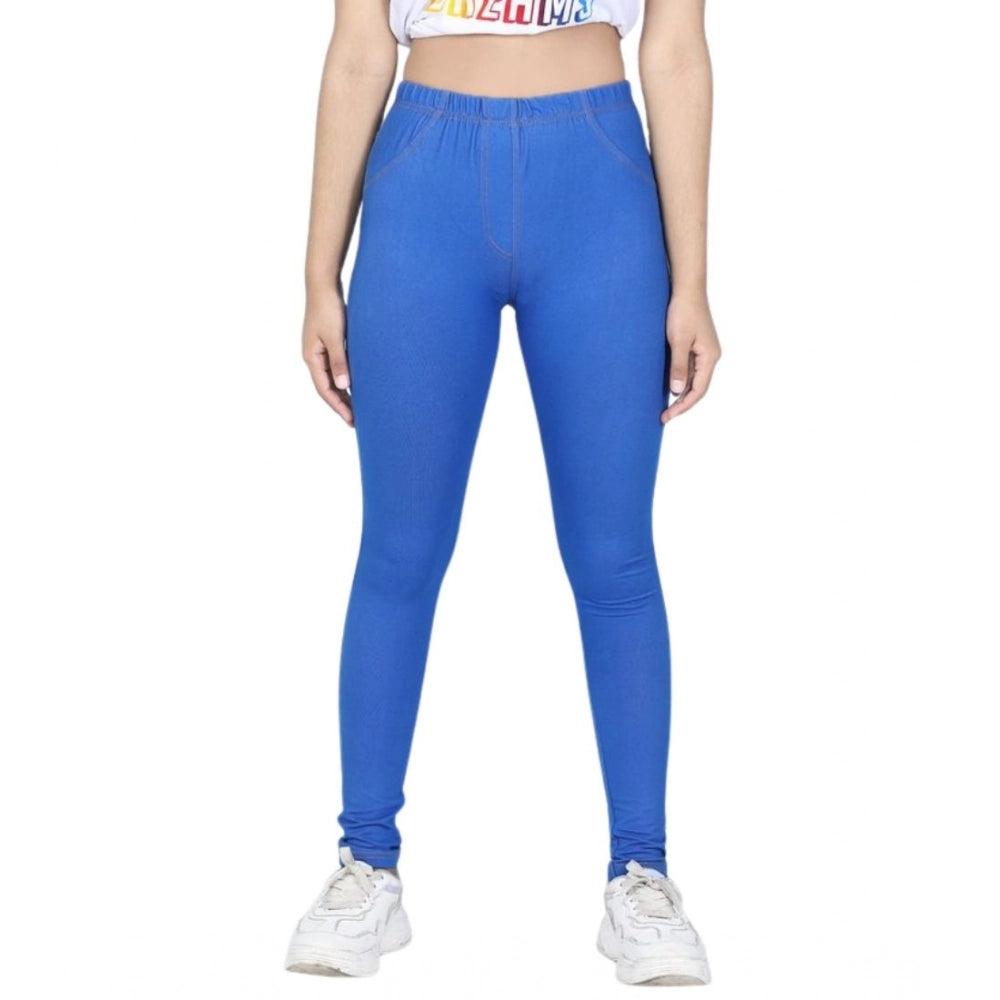 Girl'S Cotton Lycra Solid Elasticated Jeggings (Blue)