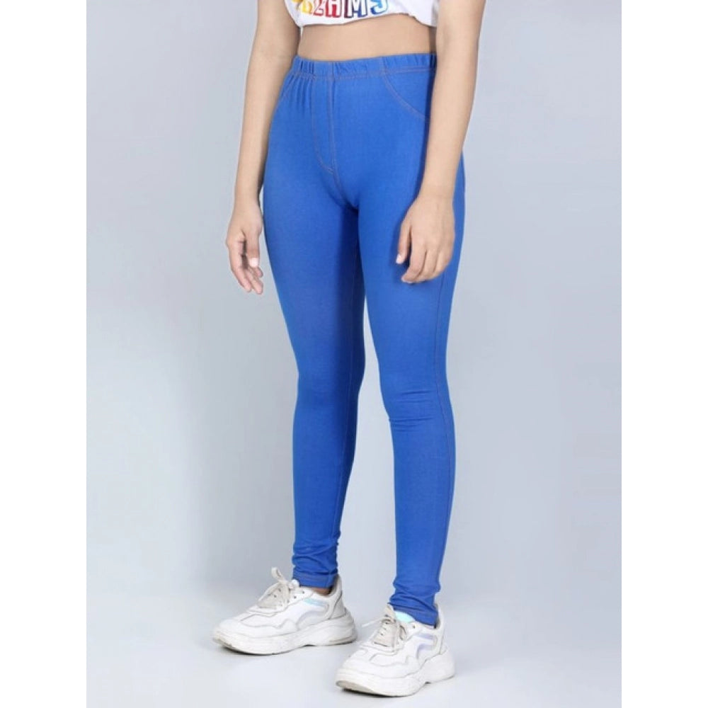 Girl'S Cotton Lycra Solid Elasticated Jeggings (Blue)