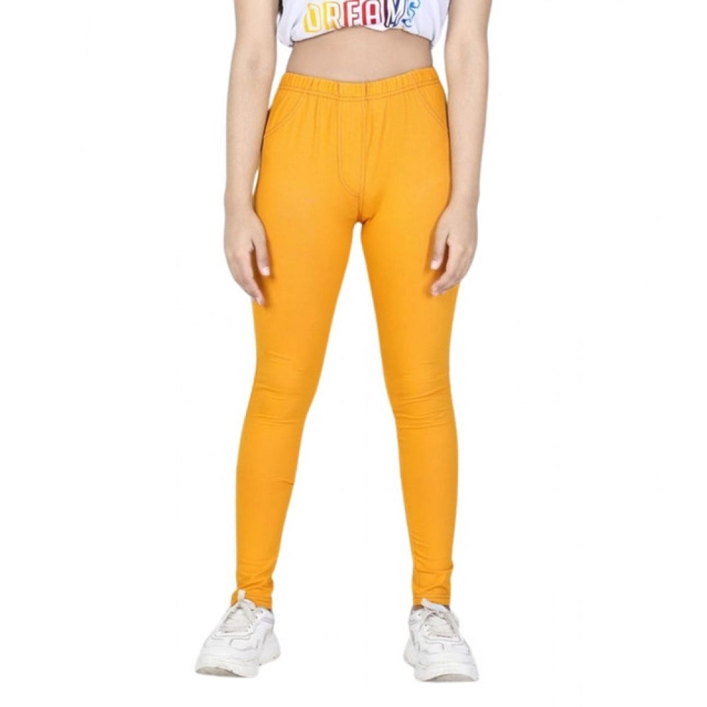 Girl'S Cotton Lycra Solid Elasticated Jeggings (Mustard)