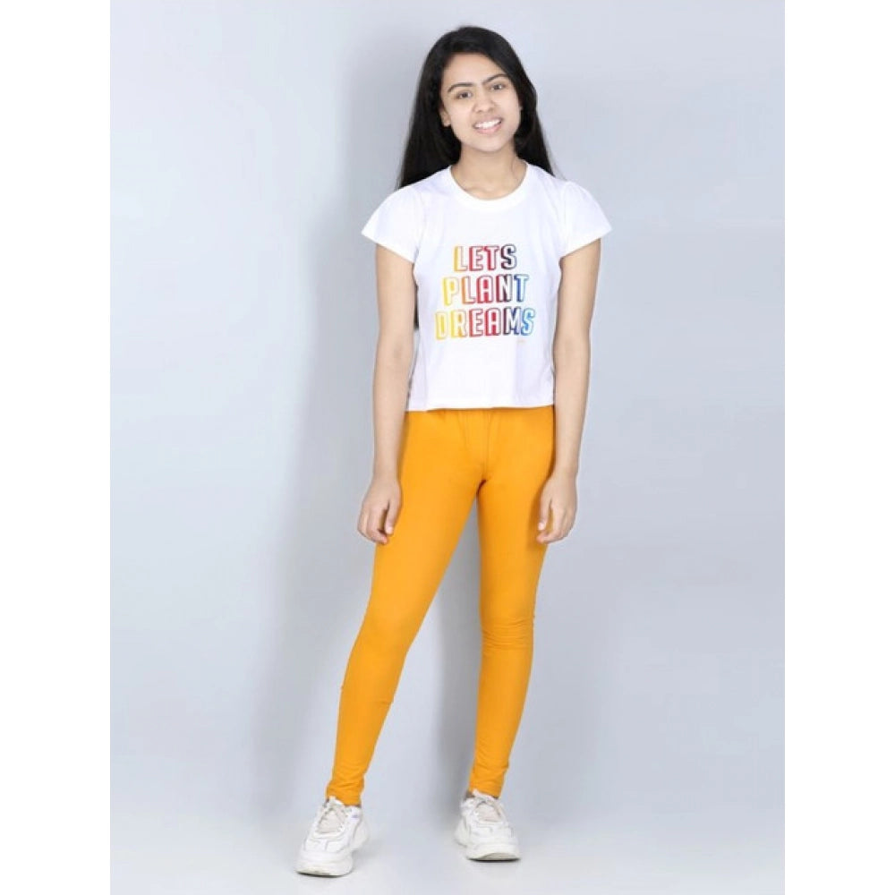 Girl'S Cotton Lycra Solid Elasticated Jeggings (Mustard)