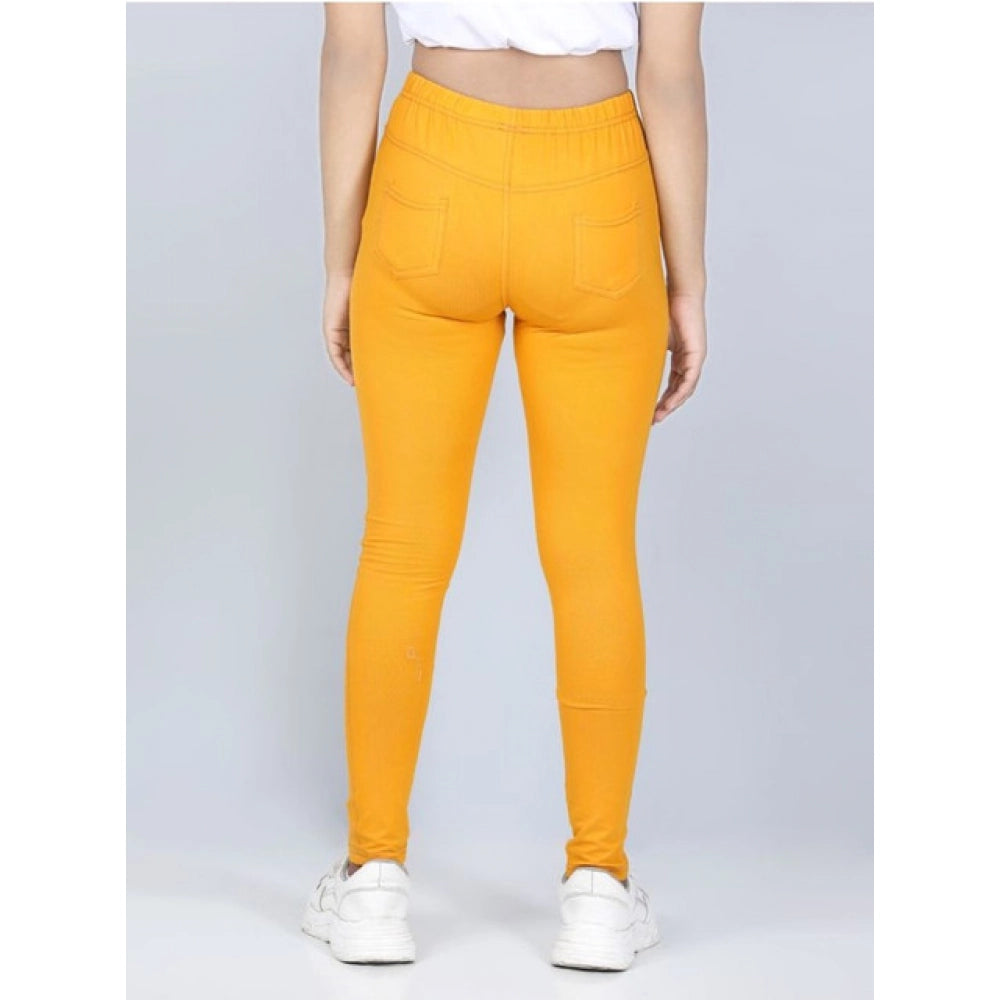 Girl'S Cotton Lycra Solid Elasticated Jeggings (Mustard)