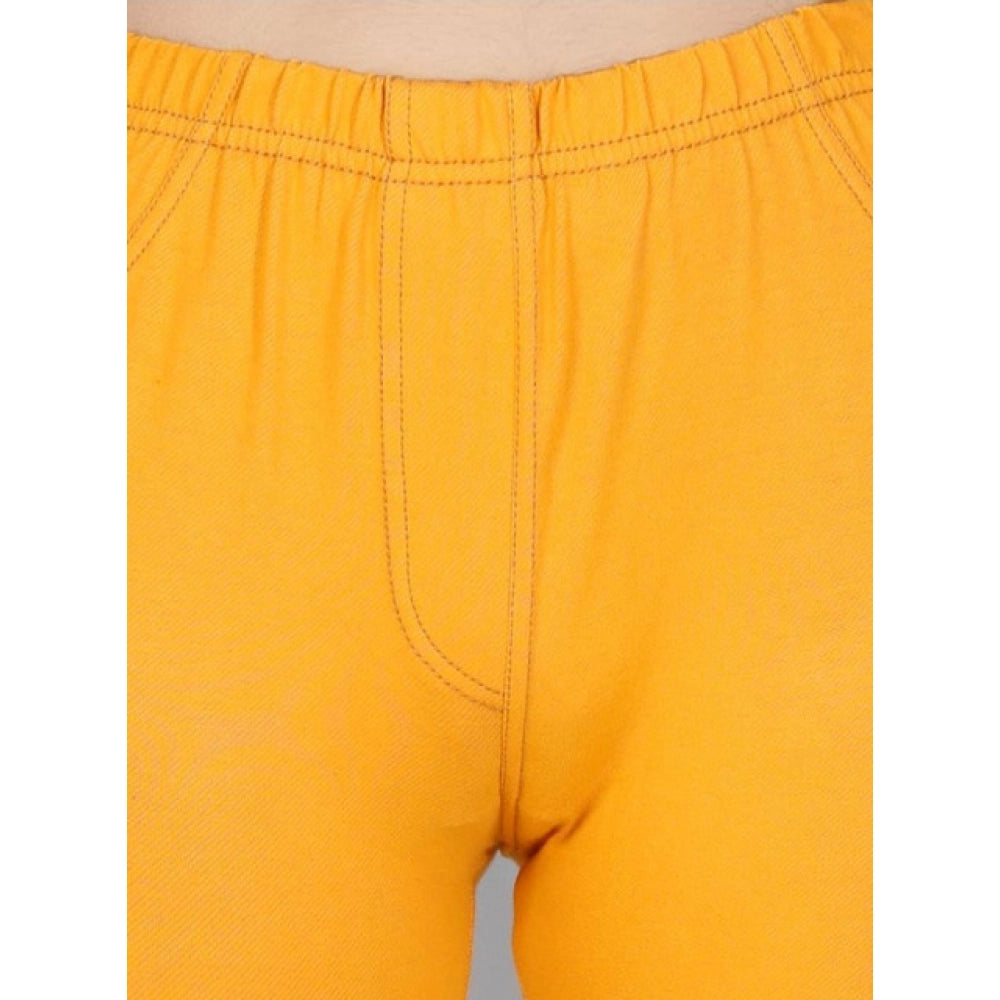 Girl'S Cotton Lycra Solid Elasticated Jeggings (Mustard)