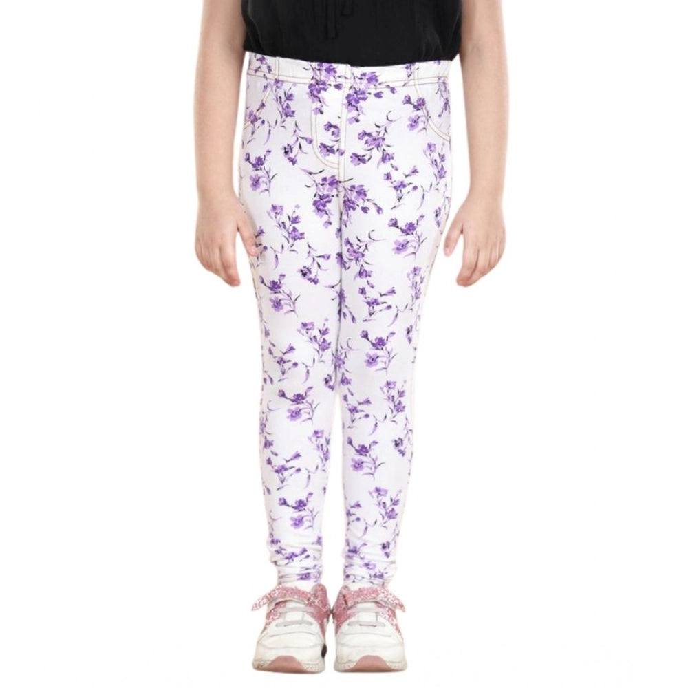 Girl'S Cotton Lycra Floral Elasticated Jeggings (White-Lavende