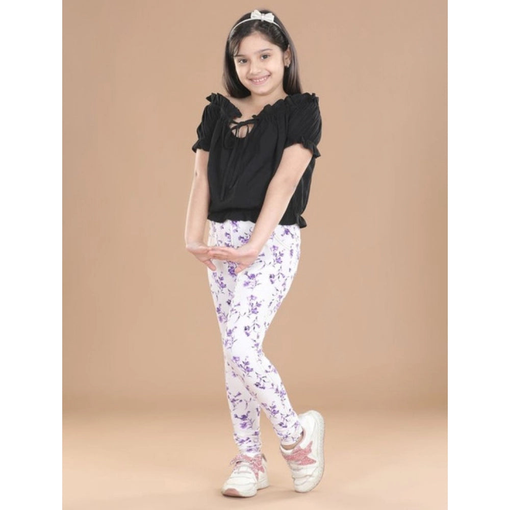 Girl'S Cotton Lycra Floral Elasticated Jeggings (White-Lavende
