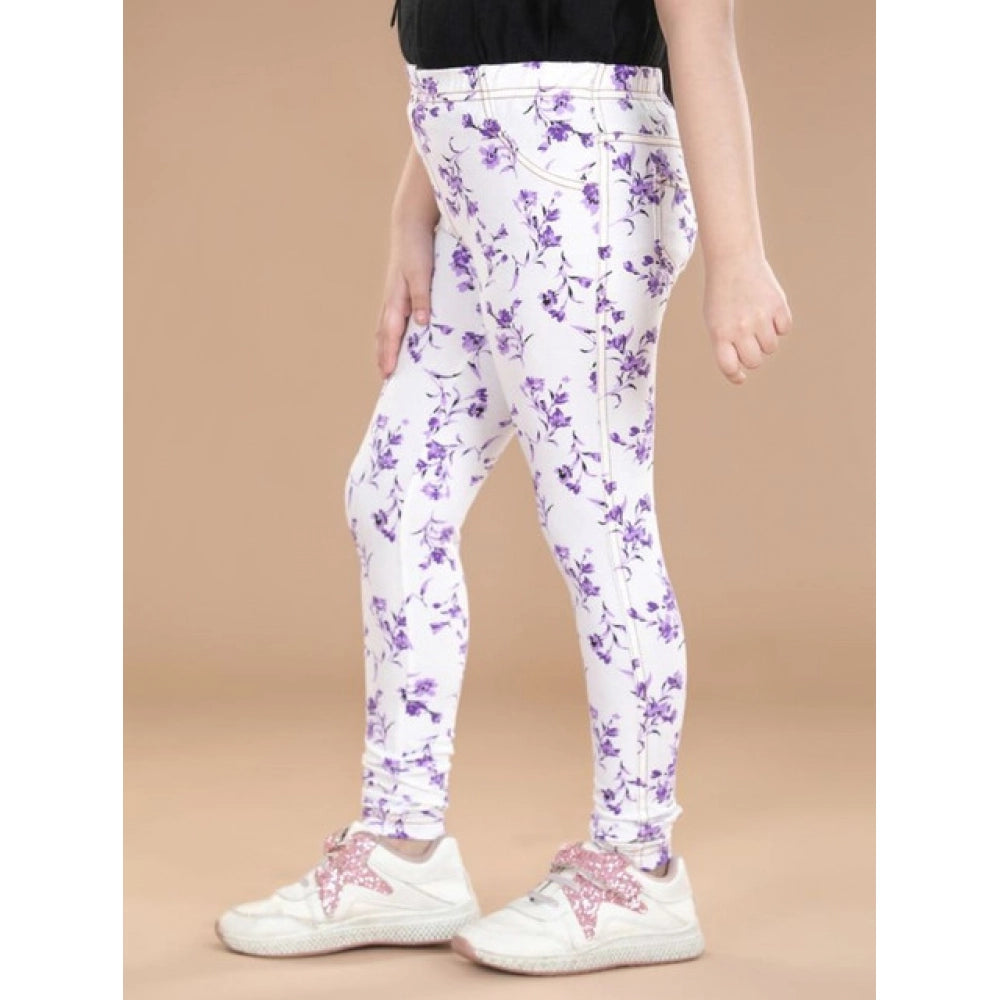 Girl'S Cotton Lycra Floral Elasticated Jeggings (White-Lavende
