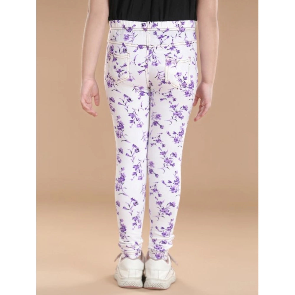Girl'S Cotton Lycra Floral Elasticated Jeggings (White-Lavende