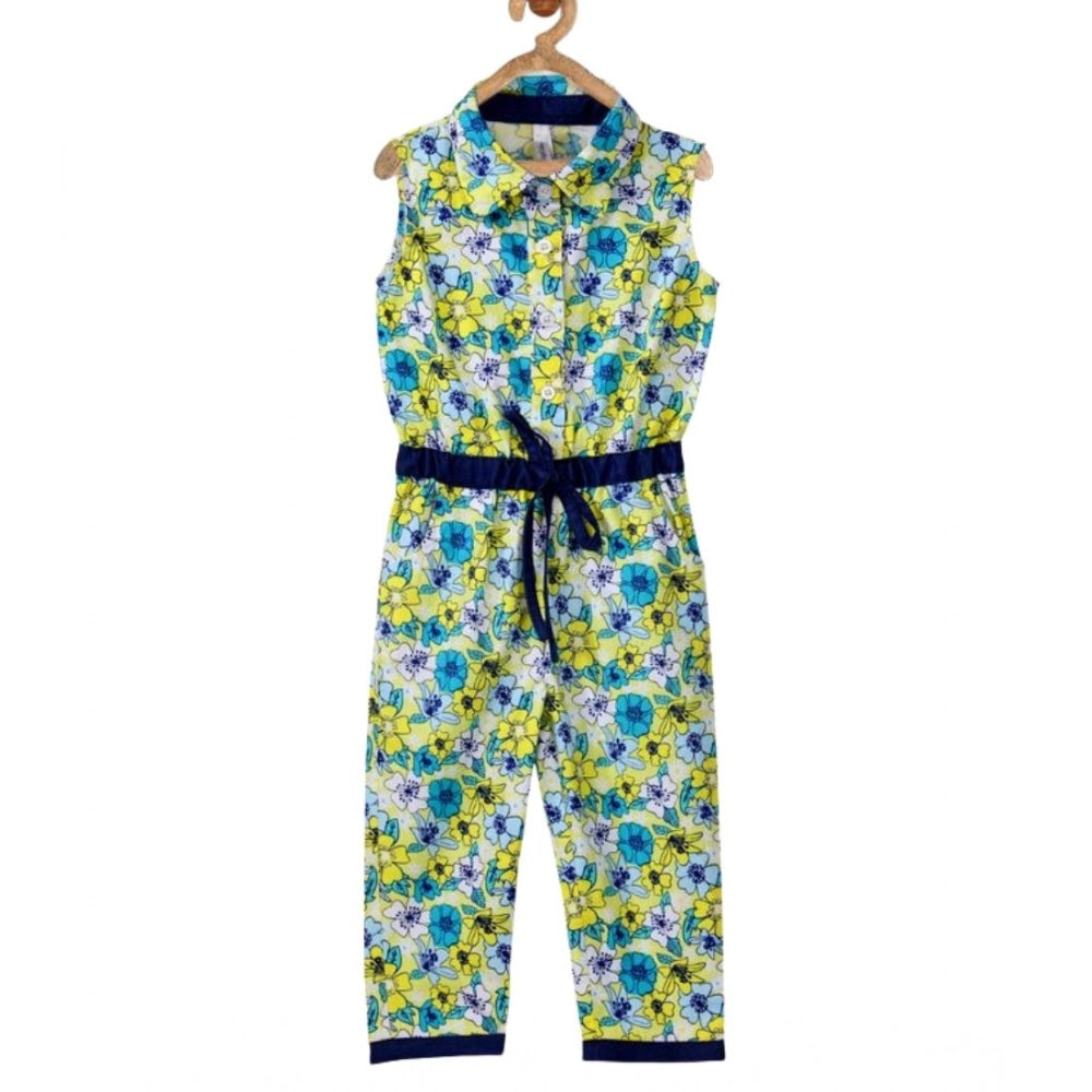 Girl'S Cotton Floral Sleeveless Jumpsuit (Yellow)