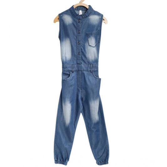 Girl'S Denim Embellished Sleeveless Jumpsuit (Blue)