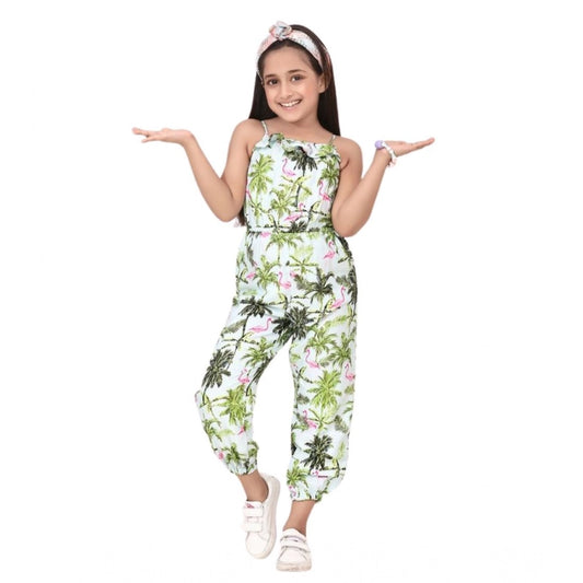 Girl'S Denim Embroidered Sleeveless Jumpsuit (White-Green)