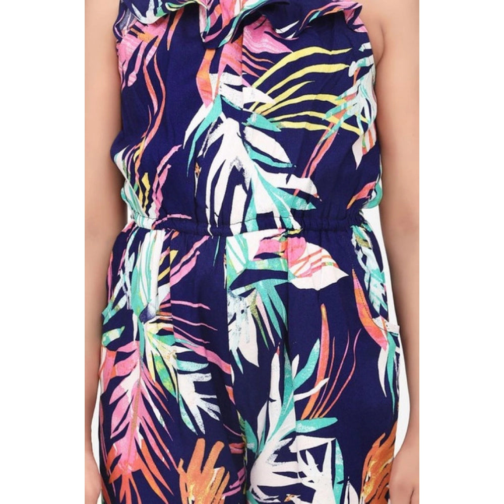 Girl'S Rayon Printed Sleeveless Jumpsuit (Blue-Multicolor)