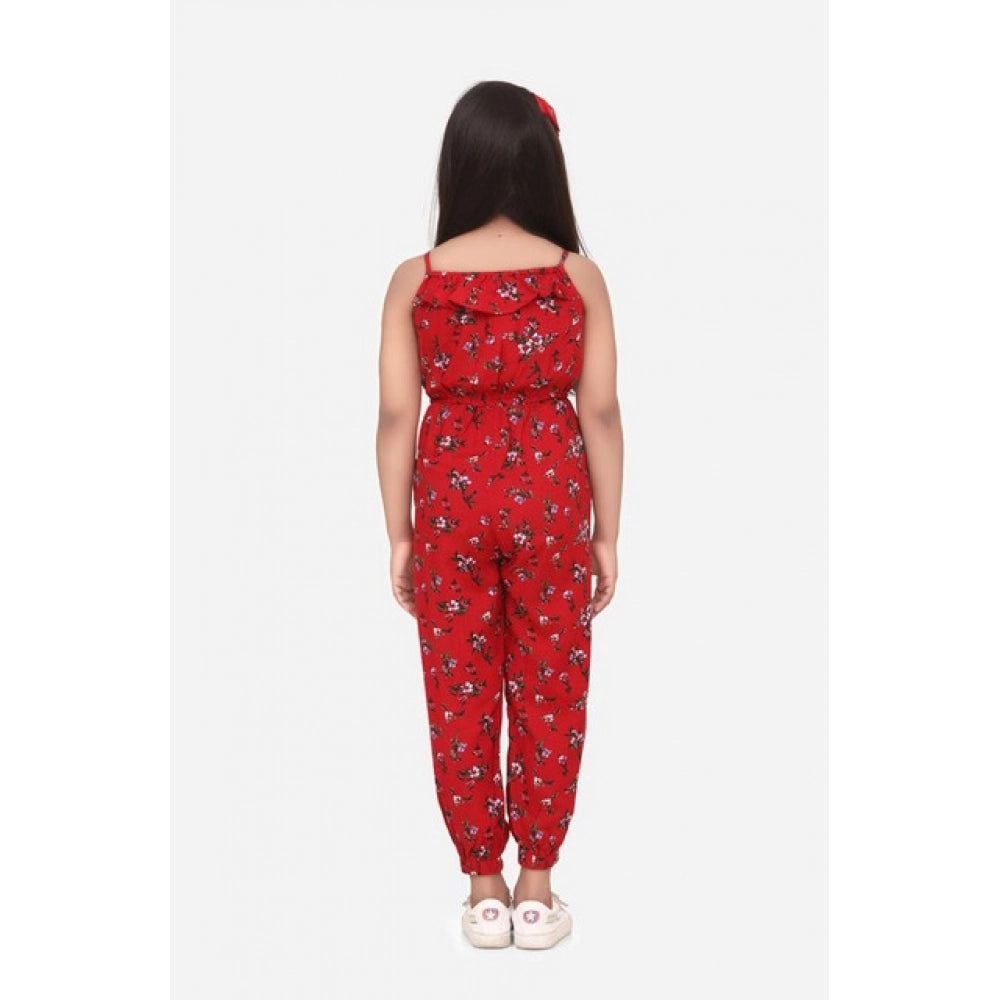 Girl'S Rayon Floral Sleeveless Jumpsuit (Red)