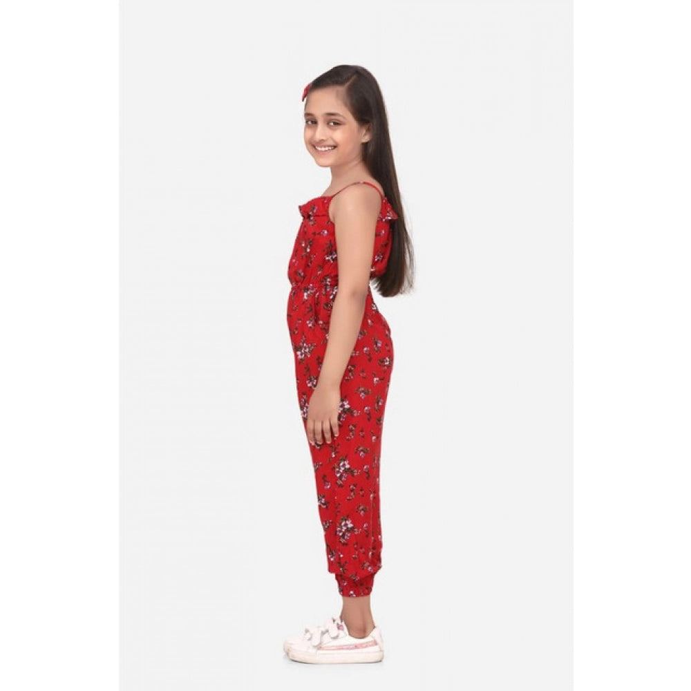 Girl'S Rayon Floral Sleeveless Jumpsuit (Red)