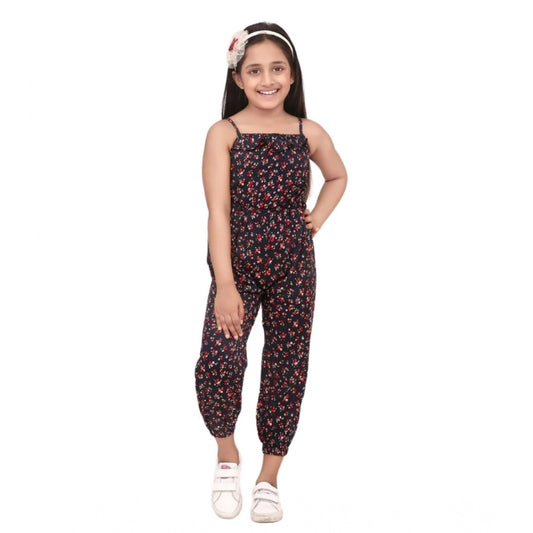 Girl'S Rayon Floral Sleeveless Jumpsuit (Black-Red)