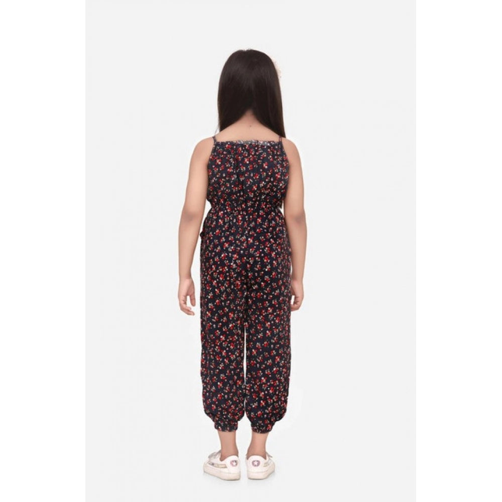 Girl'S Rayon Floral Sleeveless Jumpsuit (Black-Red)
