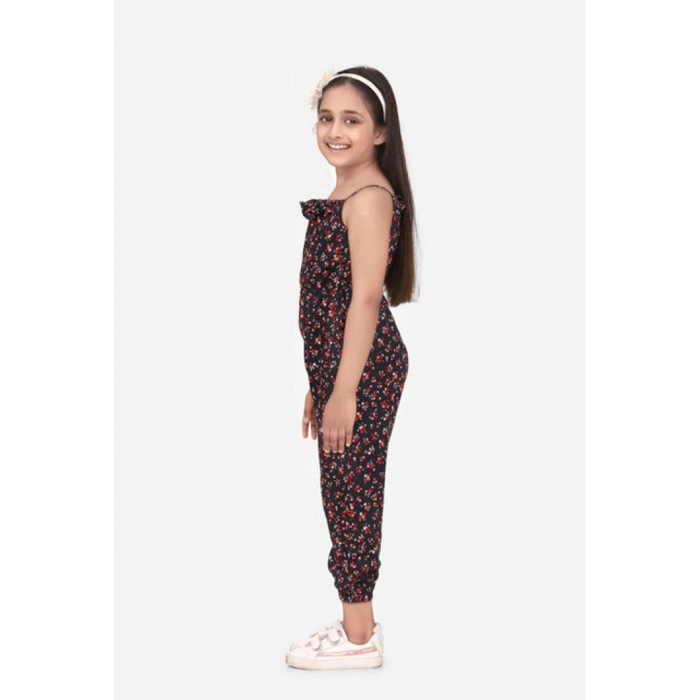 Girl'S Rayon Floral Sleeveless Jumpsuit (Black-Red)