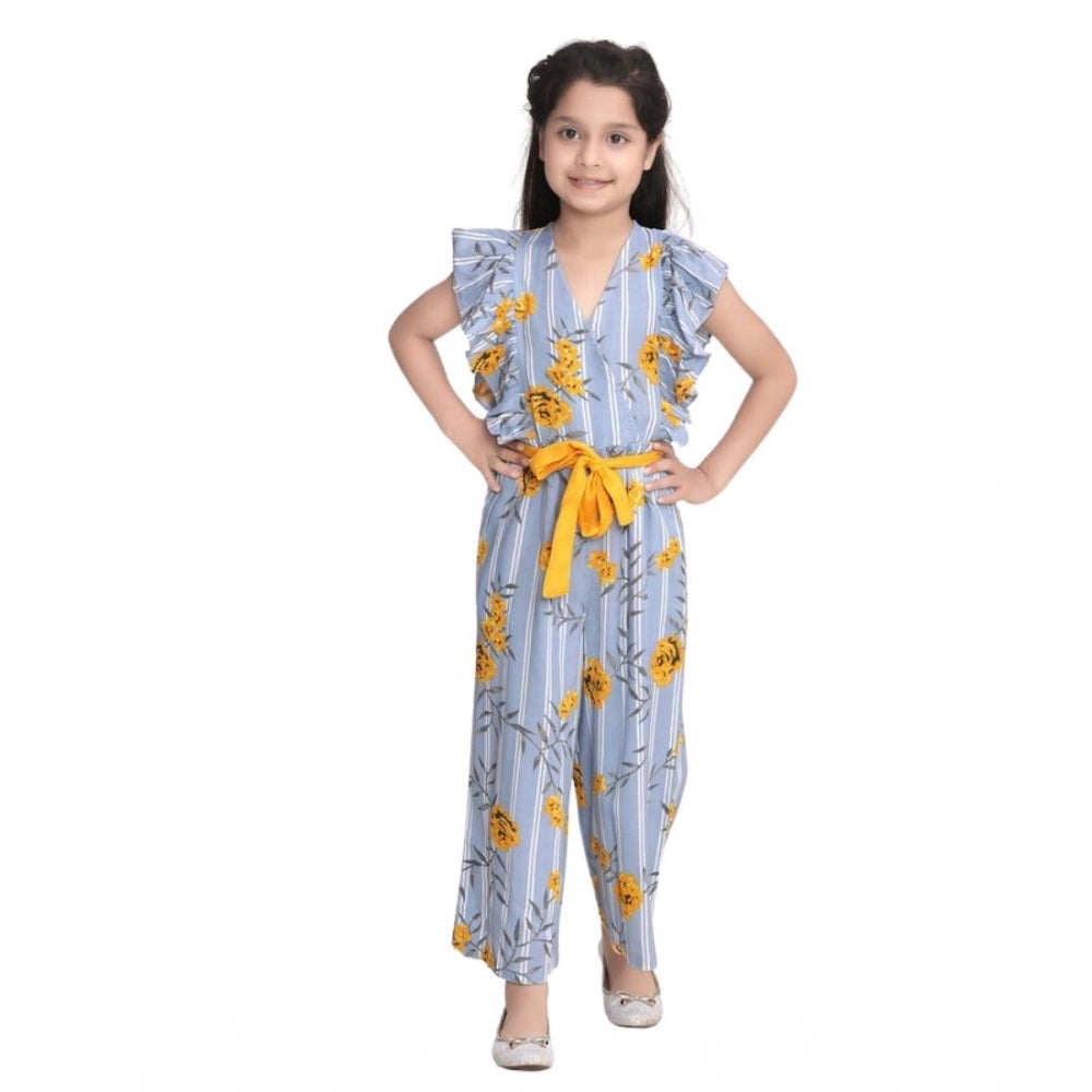 Girl'S Rayon Floral Flutter Jumpsuit (Blue-Yellow)