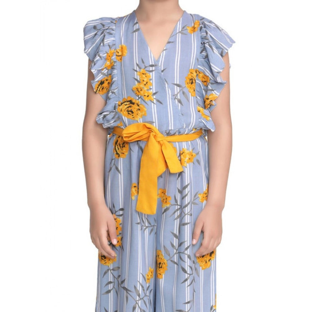 Girl'S Rayon Floral Flutter Jumpsuit (Blue-Yellow)