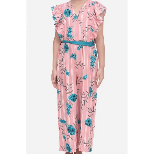 Girl'S Rayon Floral Flutter Jumpsuit (Pink-Blue)