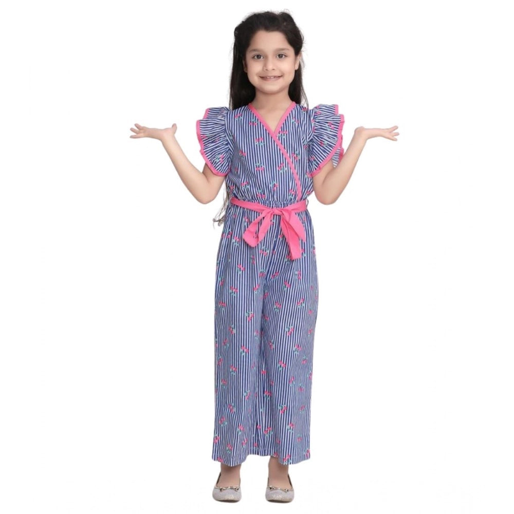 Girl'S Cotton Striped Flutter Jumpsuit (Blue-Pink)