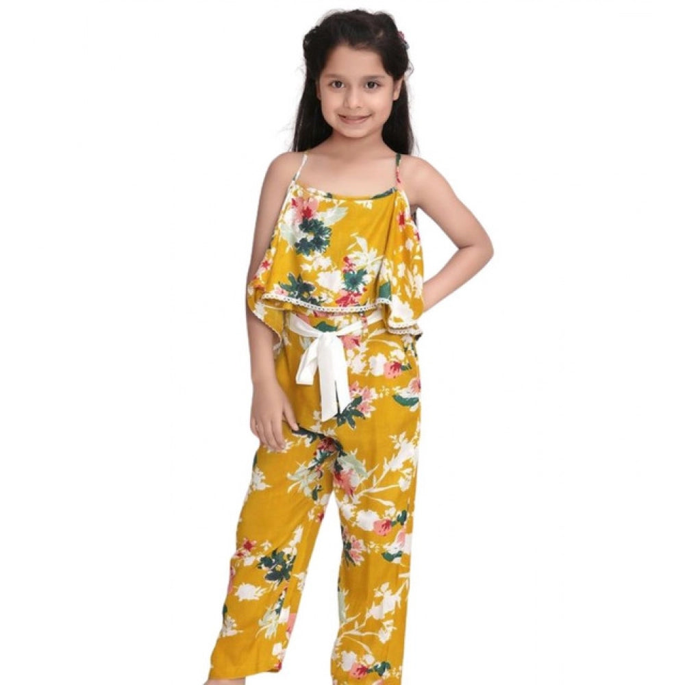 Girl'S Rayon Floral Shoulder Straps Jumpsuit (Mustard)