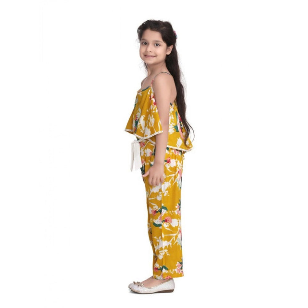 Girl'S Rayon Floral Shoulder Straps Jumpsuit (Mustard)