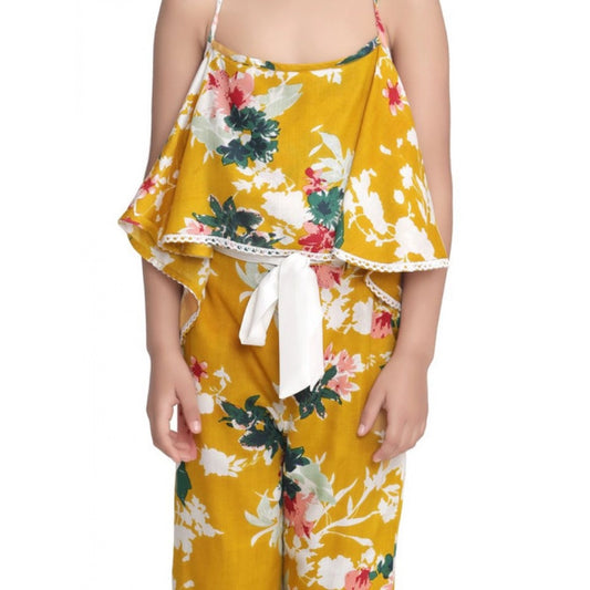 Girl'S Rayon Floral Shoulder Straps Jumpsuit (Mustard)
