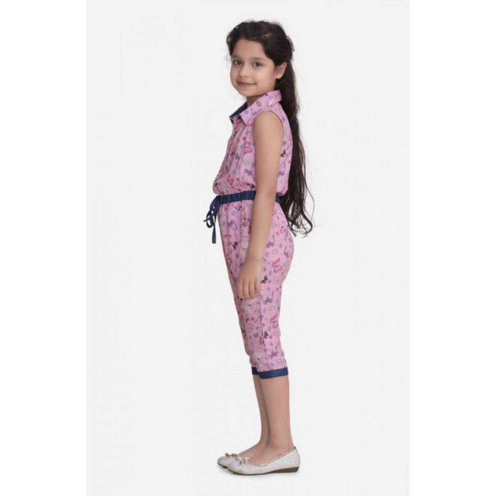 Girl'S Cotton Printed Sleeveless Jumpsuit (Pink)
