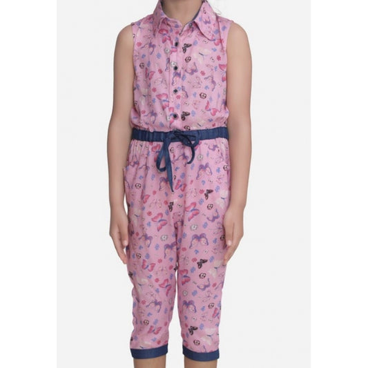Girl'S Cotton Printed Sleeveless Jumpsuit (Pink)