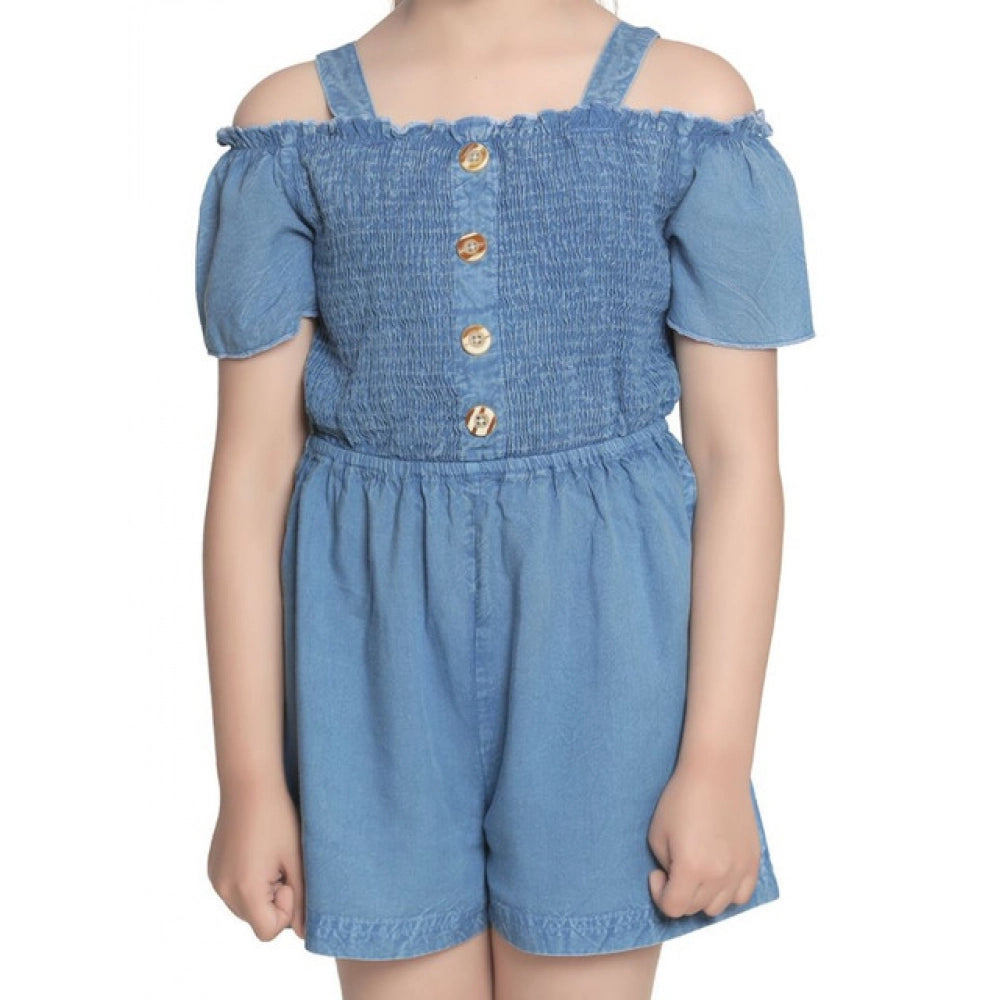 Girl'S Rayon Solid Sleeveless Jumpsuit (Blue)