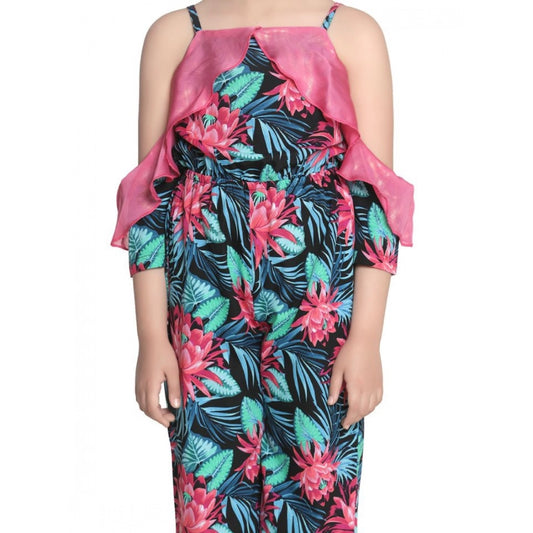 Girl'S Polyester Floral Cold Shoulder Jumpsuit (Pink)