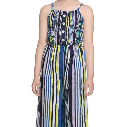 Girl'S Rayon Striped Sleeveless Jumpsuit (Blue)
