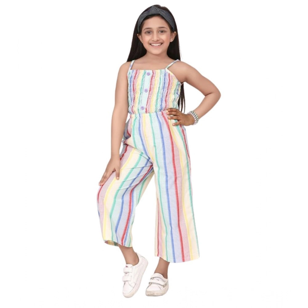 Girl'S Polyester Cotton Blend Striped Sleeveless Jumpsuit (Mul