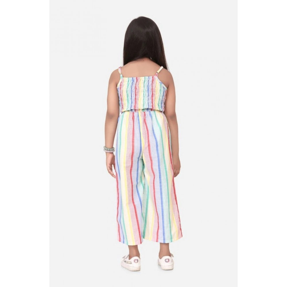 Girl'S Polyester Cotton Blend Striped Sleeveless Jumpsuit (Mul