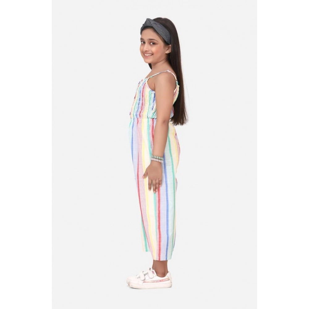 Girl'S Polyester Cotton Blend Striped Sleeveless Jumpsuit (Mul