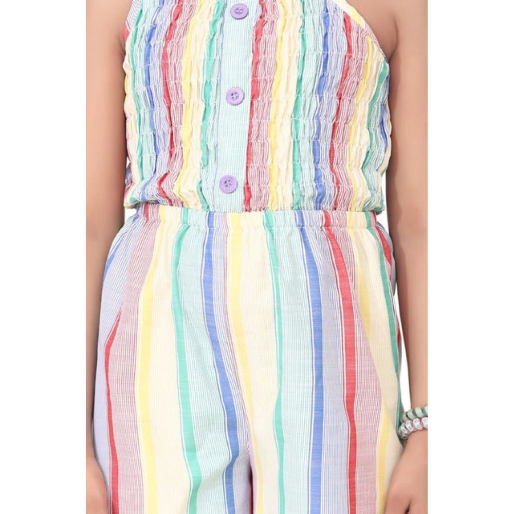 Girl'S Polyester Cotton Blend Striped Sleeveless Jumpsuit (Mul