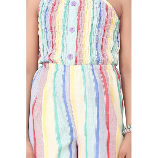 Girl'S Polyester Cotton Blend Striped Sleeveless Jumpsuit (Mul