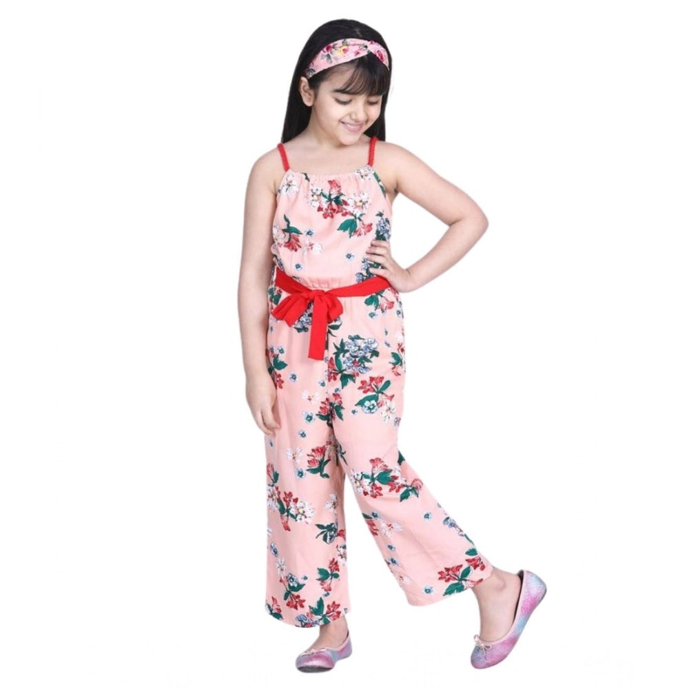 Girl'S Polyester Crepe Floral Shoulder Straps Jumpsuit (Peach