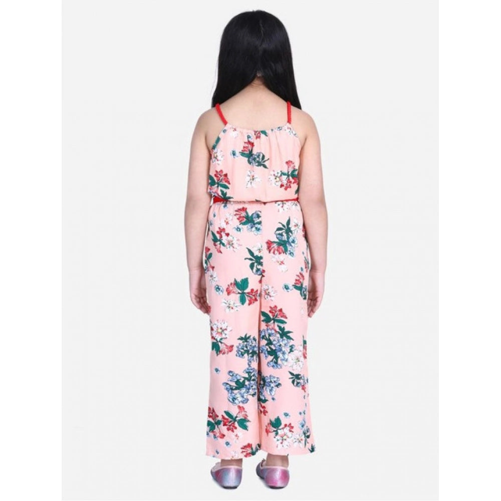 Girl'S Polyester Crepe Floral Shoulder Straps Jumpsuit (Peach
