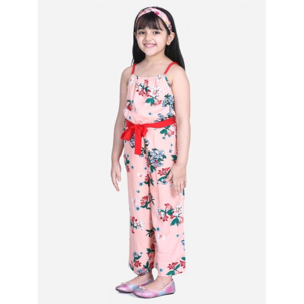Girl'S Polyester Crepe Floral Shoulder Straps Jumpsuit (Peach