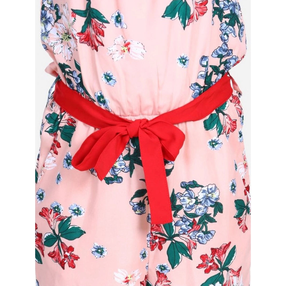 Girl'S Polyester Crepe Floral Shoulder Straps Jumpsuit (Peach