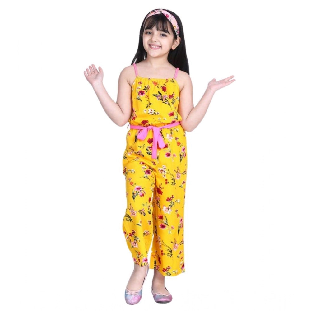Girl'S Polyester Crepe Floral Shoulder Straps Jumpsuit (Yellow