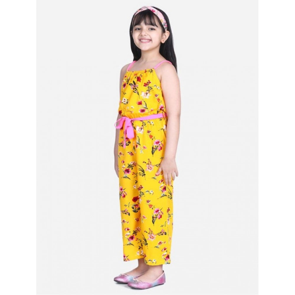 Girl'S Polyester Crepe Floral Shoulder Straps Jumpsuit (Yellow