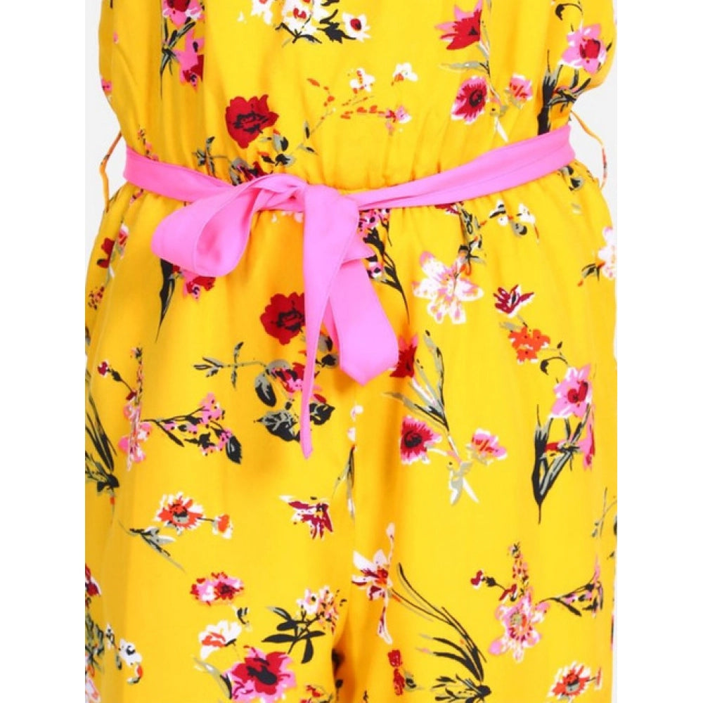 Girl'S Polyester Crepe Floral Shoulder Straps Jumpsuit (Yellow