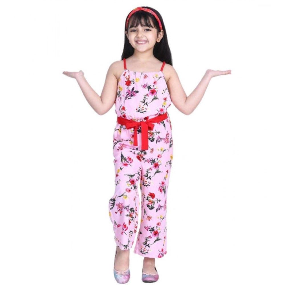Girl'S Polyester Crepe Floral Shoulder Straps Jumpsuit (Pink-R