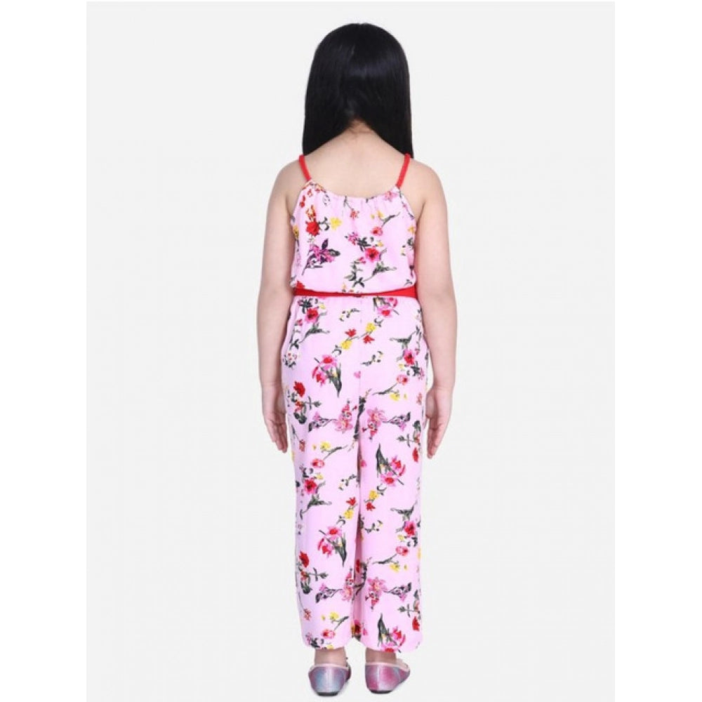 Girl'S Polyester Crepe Floral Shoulder Straps Jumpsuit (Pink-R